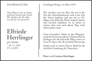 Traueranzeige von Elfriede Herrlinger von Geislinger Zeitung