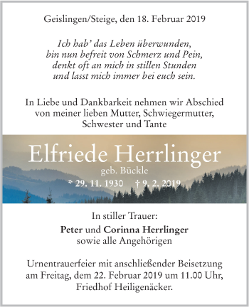 Traueranzeige von Elfriede Herrlinger von Geislinger Zeitung