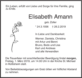 Traueranzeige von Elisabeth Amann von SÜDWEST PRESSE Ausgabe Ulm/Neu-Ulm