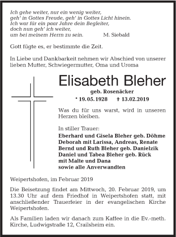 Traueranzeige von Elisabeth Bleher von Hohenloher Tagblatt