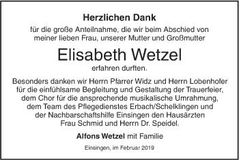 Traueranzeige von Elisabeth Wetzel von SÜDWEST PRESSE Ausgabe Ulm/Neu-Ulm