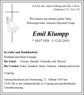 Traueranzeige von Emil Klumpp von Geislinger Zeitung