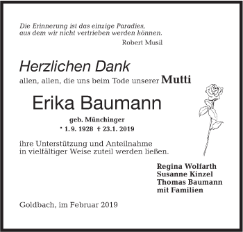 Traueranzeige von Erika Baumann von Hohenloher Tagblatt