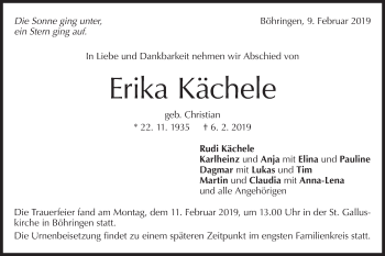 Traueranzeige von Erika Kächele von Metzinger-Uracher Volksblatt