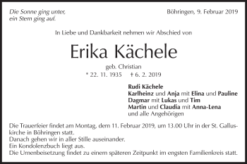 Traueranzeige von Erika Kächele von Metzinger-Uracher Volksblatt