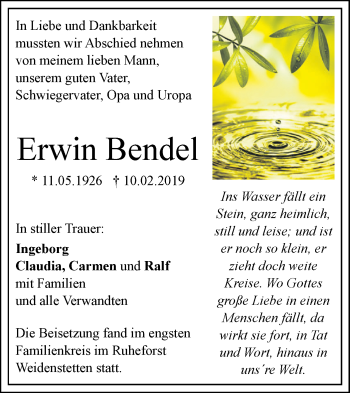 Traueranzeige von Erwin Bendel von SÜDWEST PRESSE Ausgabe Ulm/Neu-Ulm