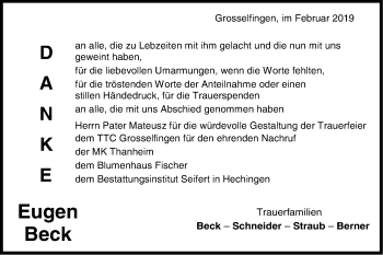 Traueranzeige von Eugen Beck von Hohenzollerische Zeitung