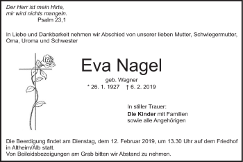 Traueranzeige von Eva Nagel von SÜDWEST PRESSE Ausgabe Ulm/Neu-Ulm