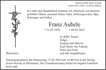 Traueranzeige von Franz Aubele von Illertal Bote