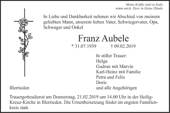 Traueranzeige von Franz Aubele von Illertal Bote