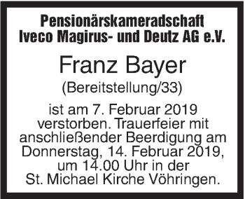 Traueranzeige von Franz Bayer von SÜDWEST PRESSE Ausgabe Ulm/Neu-Ulm