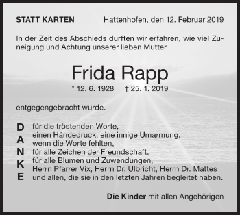 Traueranzeige von Frida Rapp von NWZ Neue Württembergische Zeitung