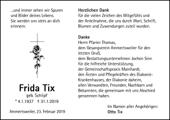 Traueranzeige von Frida Tix von Haller Tagblatt