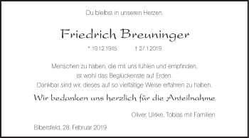 Traueranzeige von Friedrich Breuninger von Haller Tagblatt