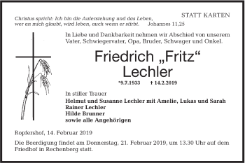 Traueranzeige von Friedrich Lechler von Hohenloher Tagblatt