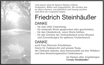 Traueranzeige von Friedrich Steinhäußer von Hohenloher Tagblatt