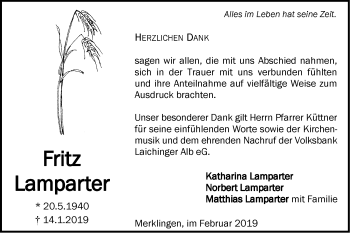 Traueranzeige von Fritz Lamparter von SÜDWEST PRESSE Ausgabe Ulm/Neu-Ulm