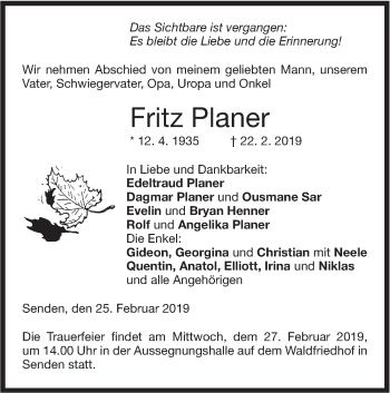 Traueranzeige von Fritz Planer von SÜDWEST PRESSE Ausgabe Ulm/Neu-Ulm