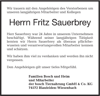 Traueranzeige von Fritz Sauerbrey von Hohenloher Tagblatt