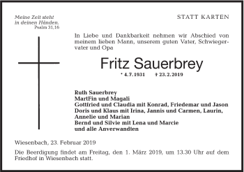 Traueranzeige von Fritz Sauerbrey von Hohenloher Tagblatt