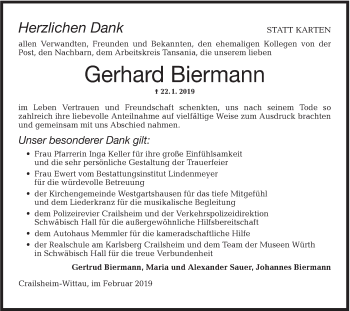 Traueranzeige von Gerhard Biermann von Hohenloher Tagblatt