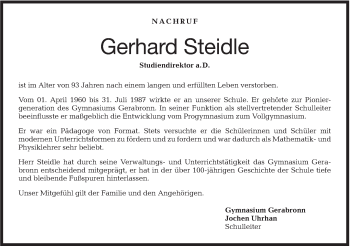 Traueranzeige von Gerhard Steidle von Hohenloher Tagblatt