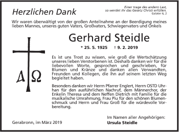 Traueranzeige von Gerhard Steidle von Hohenloher Tagblatt