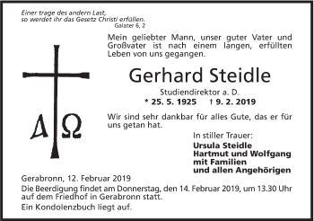 Traueranzeige von Gerhard Steidle von Hohenloher Tagblatt