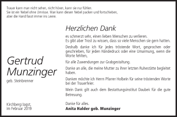 Traueranzeige von Gertrud Munzinger von Hohenloher Tagblatt