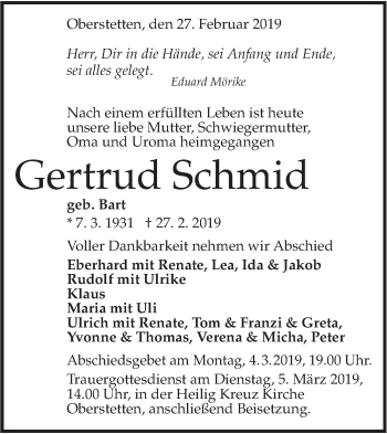 Traueranzeige von Gertrud Schmid von Alb-Bote/Metzinger-Uracher Volksblatt