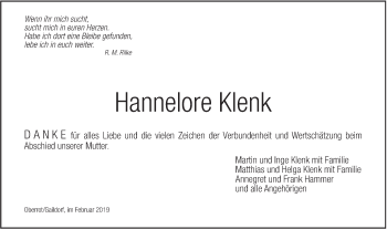 Traueranzeige von Hannelore Klenk von Rundschau Gaildorf