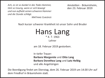 Traueranzeige von Hans Lang von Geislinger Zeitung