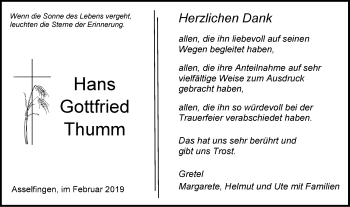 Traueranzeige von Hans Gottfried Thumm von SÜDWEST PRESSE Ausgabe Ulm/Neu-Ulm