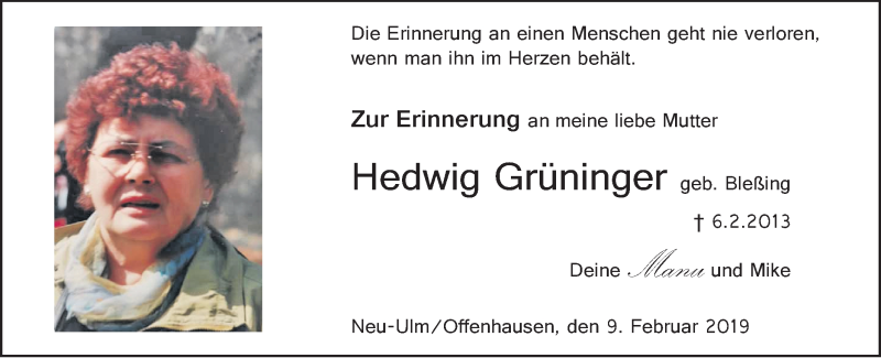  Traueranzeige für Hedwig Grüninger vom 09.02.2019 aus SÜDWEST PRESSE Ausgabe Ulm/Neu-Ulm