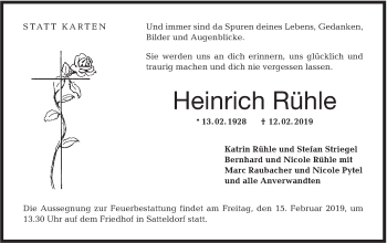 Traueranzeige von Heinrich Rühle von Hohenloher Tagblatt