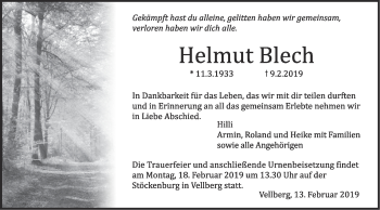 Traueranzeige von Helmut Blech von Haller Tagblatt