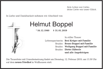 Traueranzeige von Helmut Boppel von Hohenloher Tagblatt