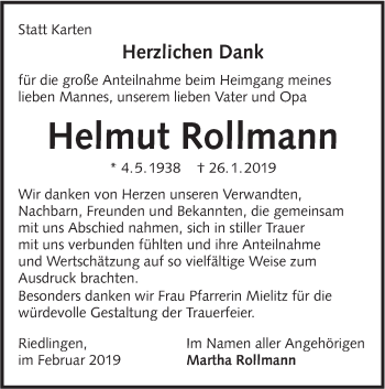 Traueranzeige von Helmut Rollmann von Alb-Bote/Metzinger-Uracher Volksblatt