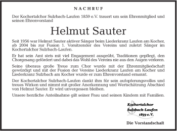 Traueranzeige von Helmut Sauter von Rundschau Gaildorf