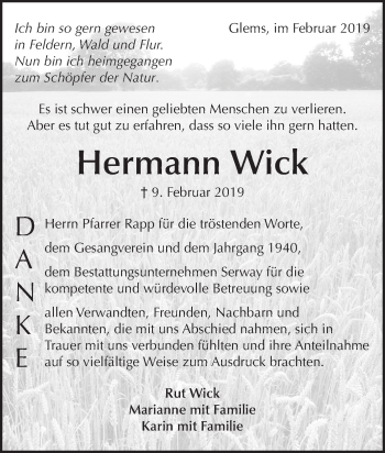 Traueranzeige von Hermann Wick von Metzinger-Uracher Volksblatt