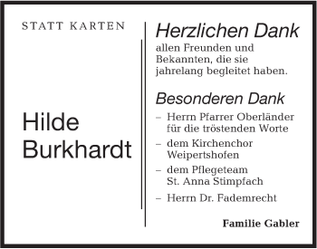 Traueranzeige von Hilde Burkhardt von Hohenloher Tagblatt