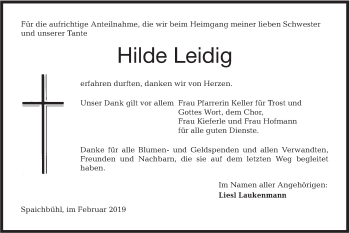 Traueranzeige von Hilde Leidig von Hohenloher Tagblatt