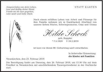 Traueranzeige von Hilde Schock von Haller Tagblatt