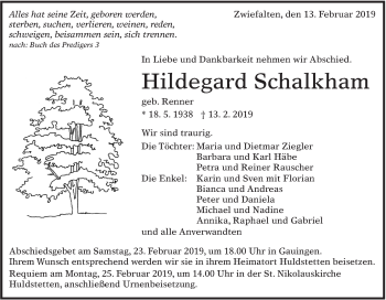 Traueranzeige von Hildegard Schalkham von Alb-Bote/Metzinger-Uracher Volksblatt