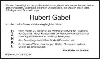 Traueranzeige von Hubert Gabel von Ehinger Tagblatt