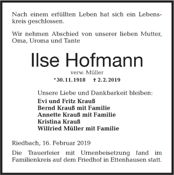 Traueranzeige von Ilse Hofmann von Hohenloher Tagblatt