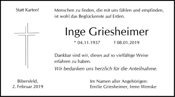 Traueranzeige von Inge Griesheimer von Haller Tagblatt