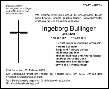 Traueranzeige von Ingeborg Bullinger von Hohenloher Tagblatt