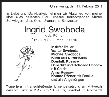 Traueranzeige von Ingrid Swoboda von NWZ Neue Württembergische Zeitung