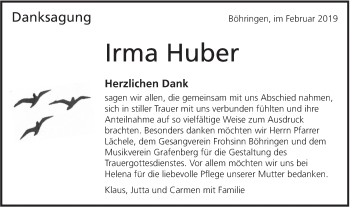 Traueranzeige von Irma Huber von Alb-Bote/Metzinger-Uracher Volksblatt